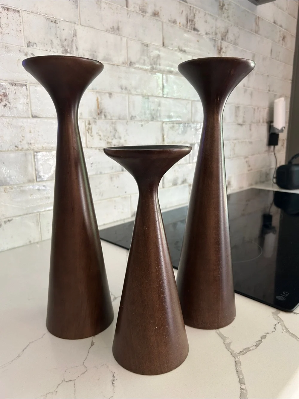 Three Wooden Tapered Candle Holders Set - Brown -EUC